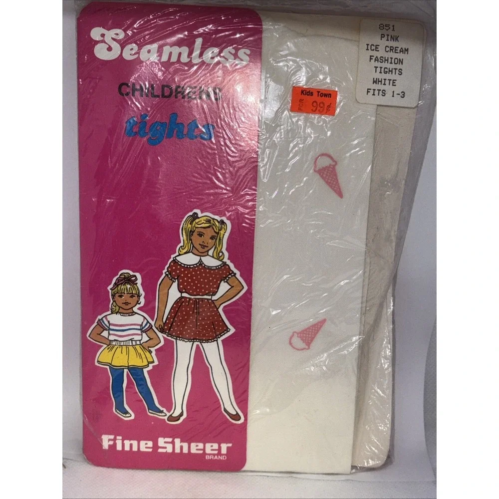 Vintage Children's Tights Fine Sheer Brand White With Pink Ice Cream Size 1-3